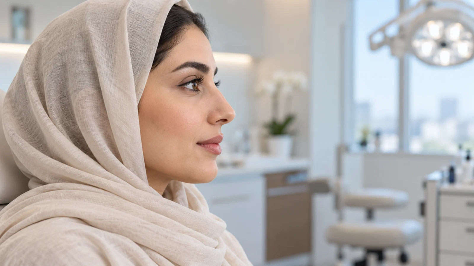 نمای نیمرخ بیمار در کلینیک برای ارزیابی عمل بینی ترمیمی